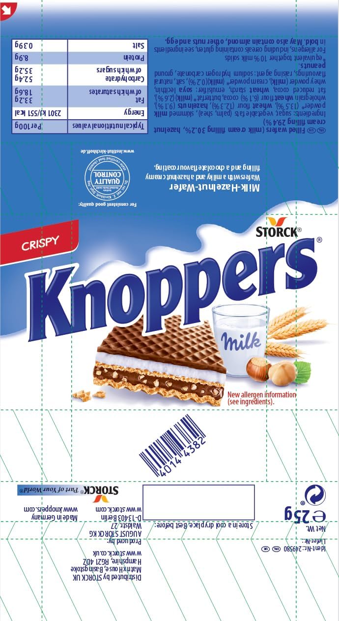 Knoppers Chocolate Hazelnut Wafers, 25 g (Pack of 24)