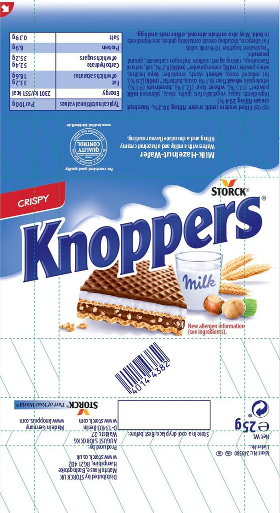 Knoppers Chocolate Hazelnut Wafers, 25 g (Pack of 24)