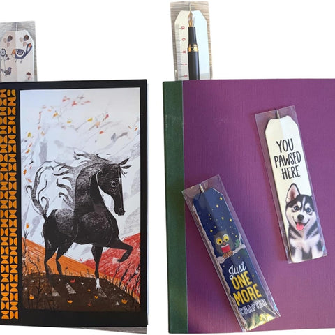Pack of 5 Flat Paper Pen Bookmark Ruler, 3-in-1 Assorted Design