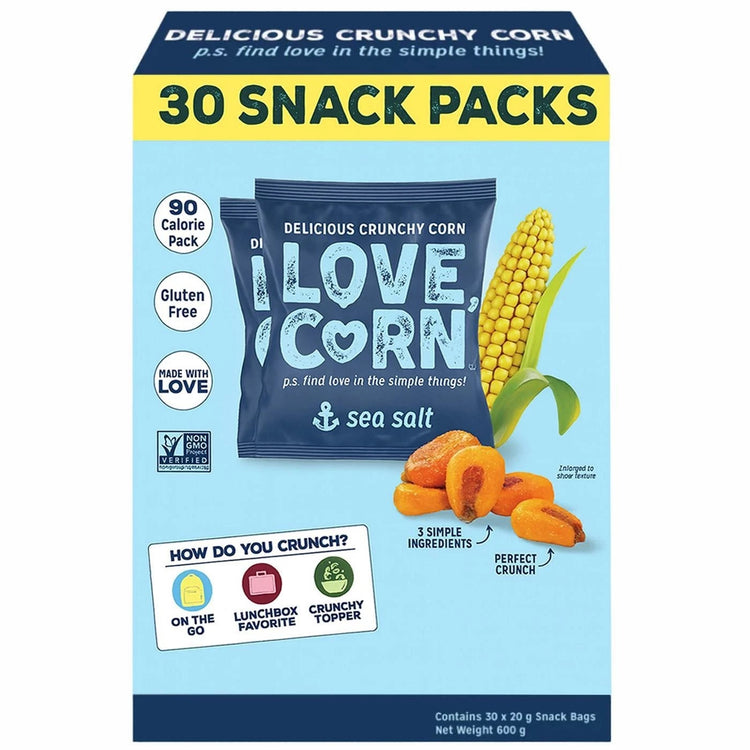LOVE CORN Crunchy Corn Snack Pack Sea Salt (30 x 20g) 600g